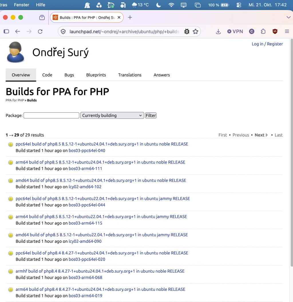 PHP PPA building-status at 17:42 CEST.