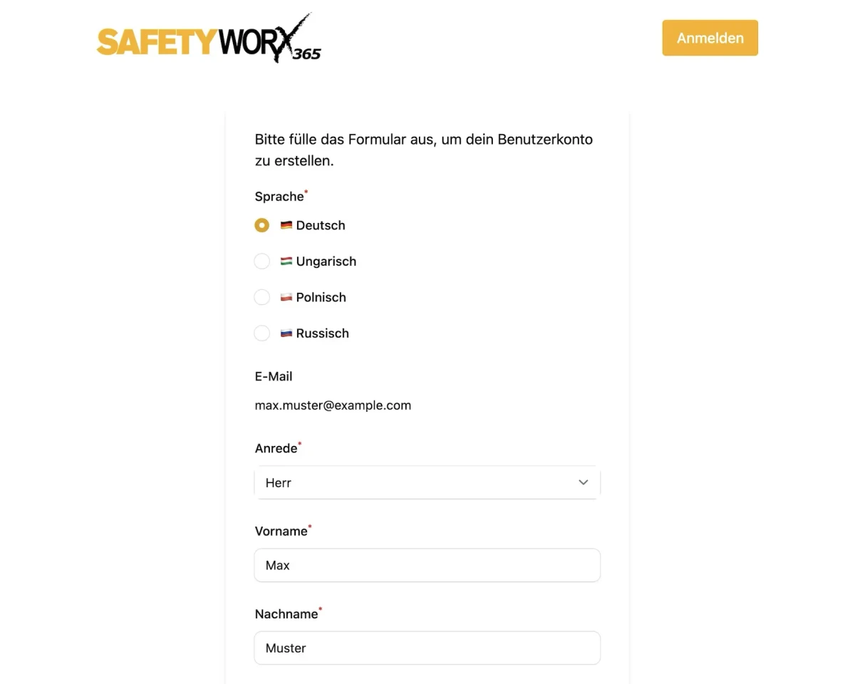 Mehrsprachiges Registrierungsformular