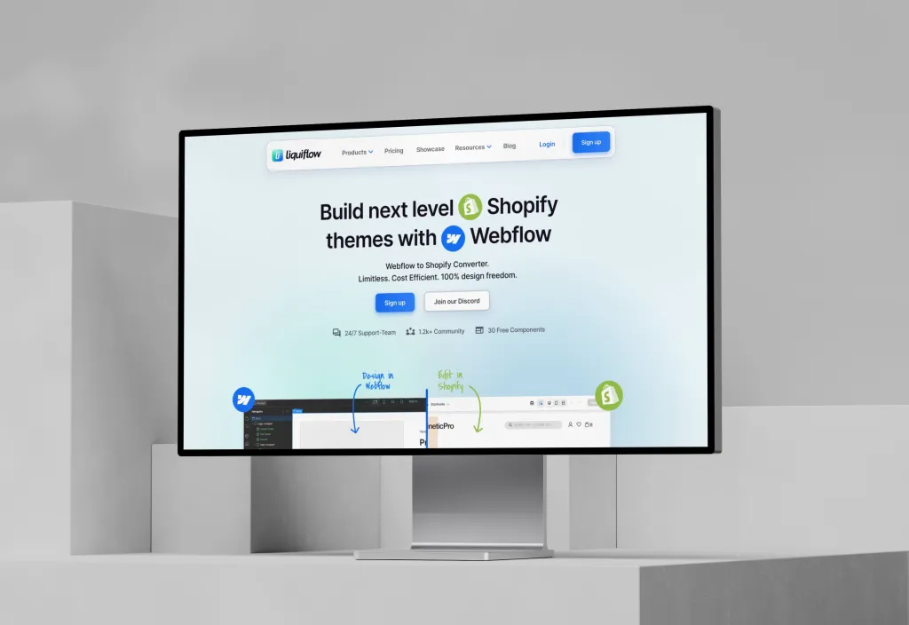 Monitor displaying the Liquiflow platform for converting Webflow themes to Shopify.