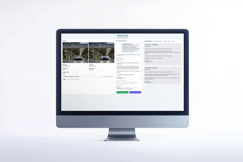 Monitor displaying the Pparking management system with OCR vehicle entry and exit tracking and complaint handling.