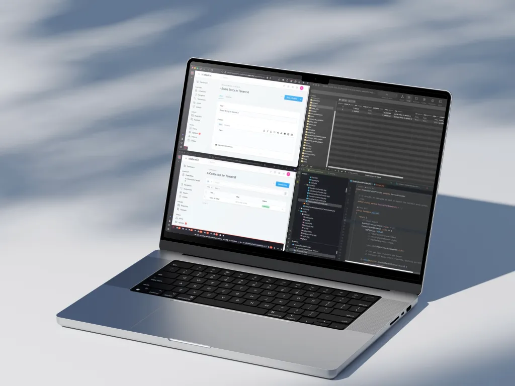 Laptop showing Statamic multi-tenant CMS setup with code editor and content management panels.