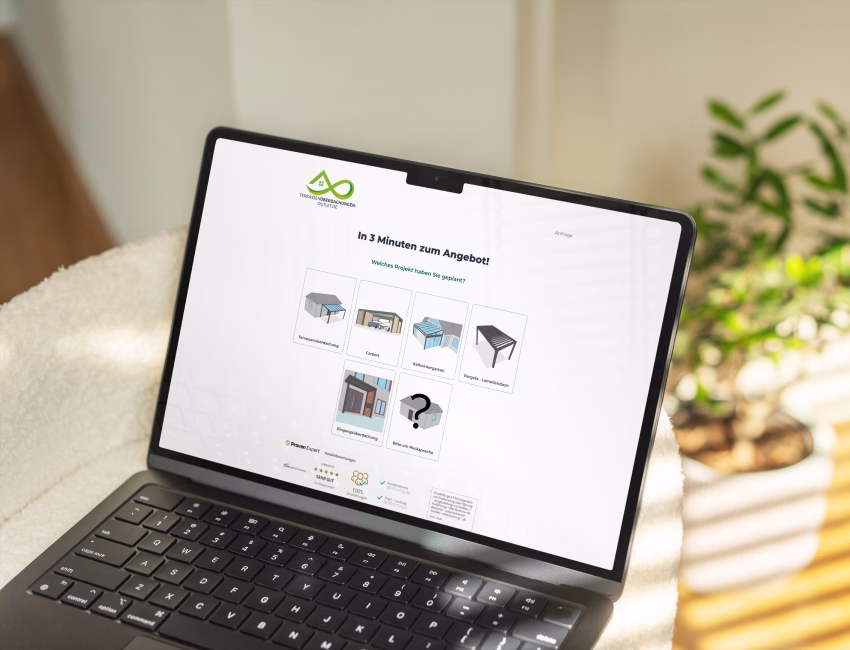 Laptop showing a product configurator lead page for patio roof selections