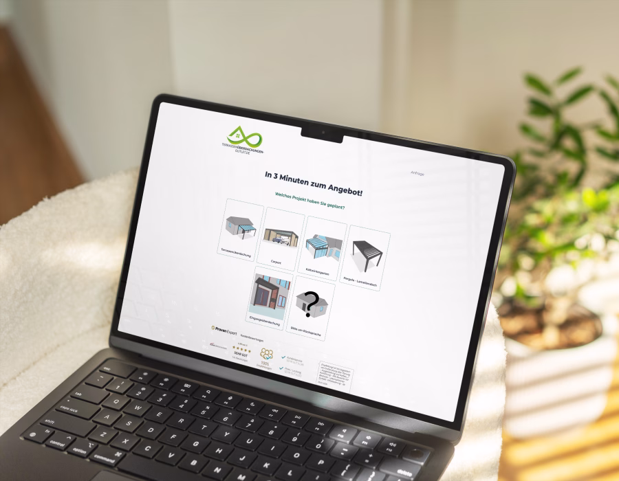 Laptop showing a product configurator lead page for patio roof selections