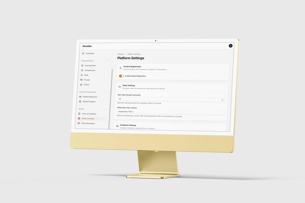 KI-Plattform Therabits, Plattformeinstellungen f&uuml;r Avatar-Generierung und Feedback.