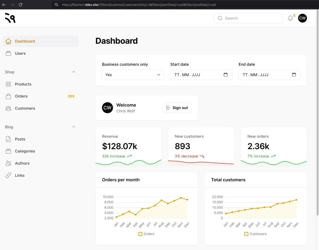 Filament Dashboard Adminpanel.