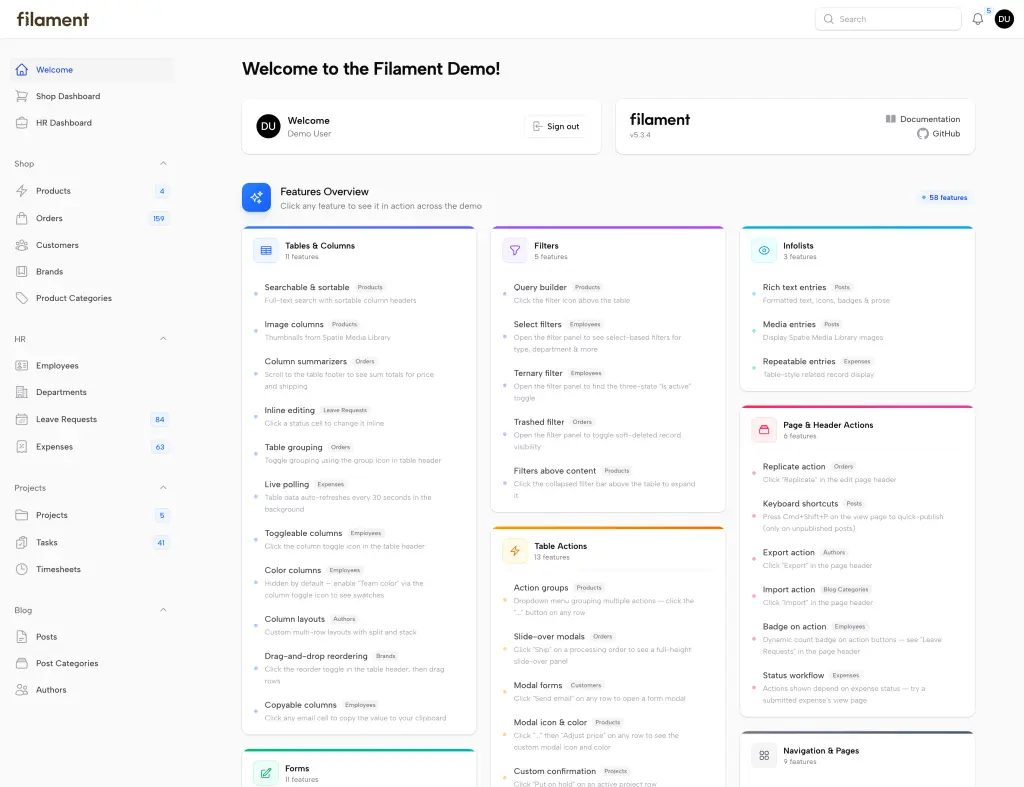 FilamentPHP Features.