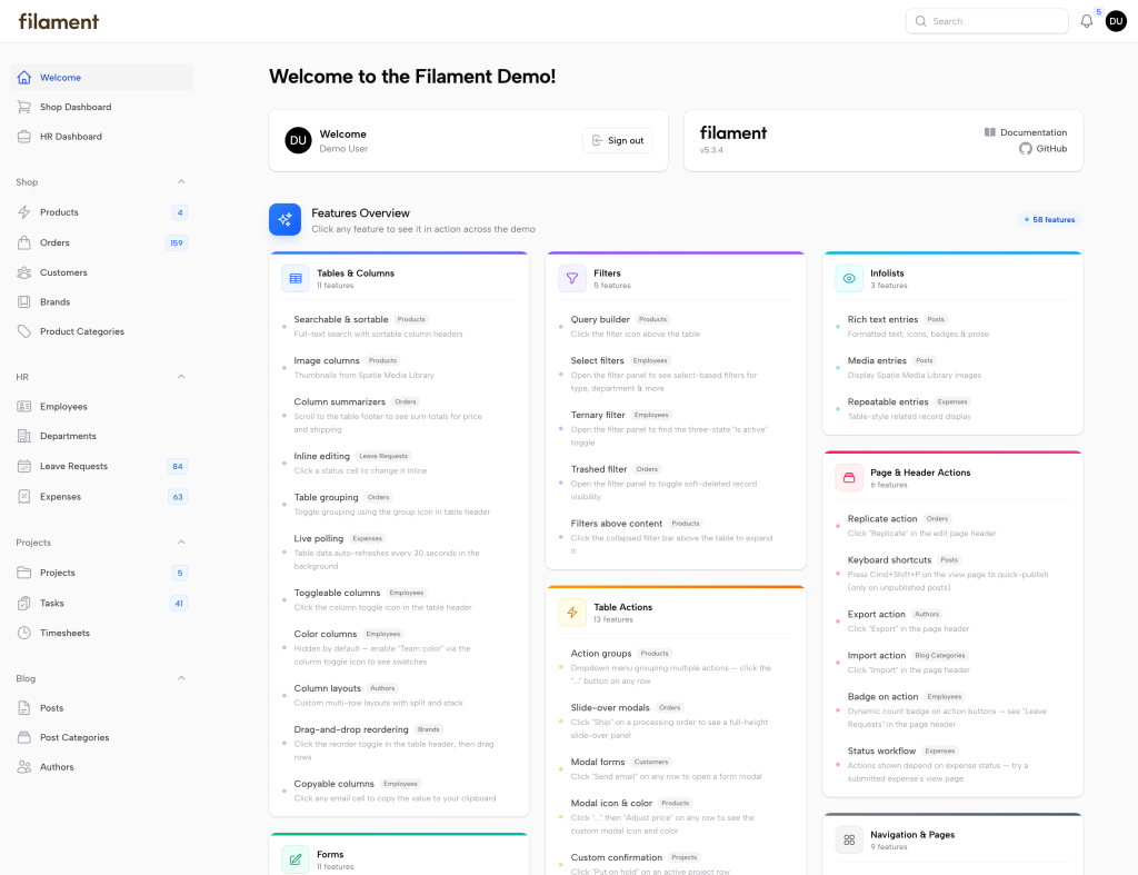FilamentPHP Features.