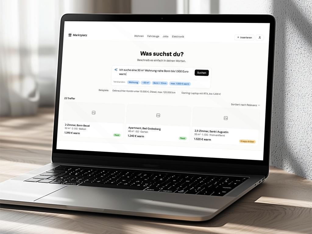 Online Marktplatz entwickeln, mit KI Freitext Suche, Matching und Betrugspr&auml;vention.