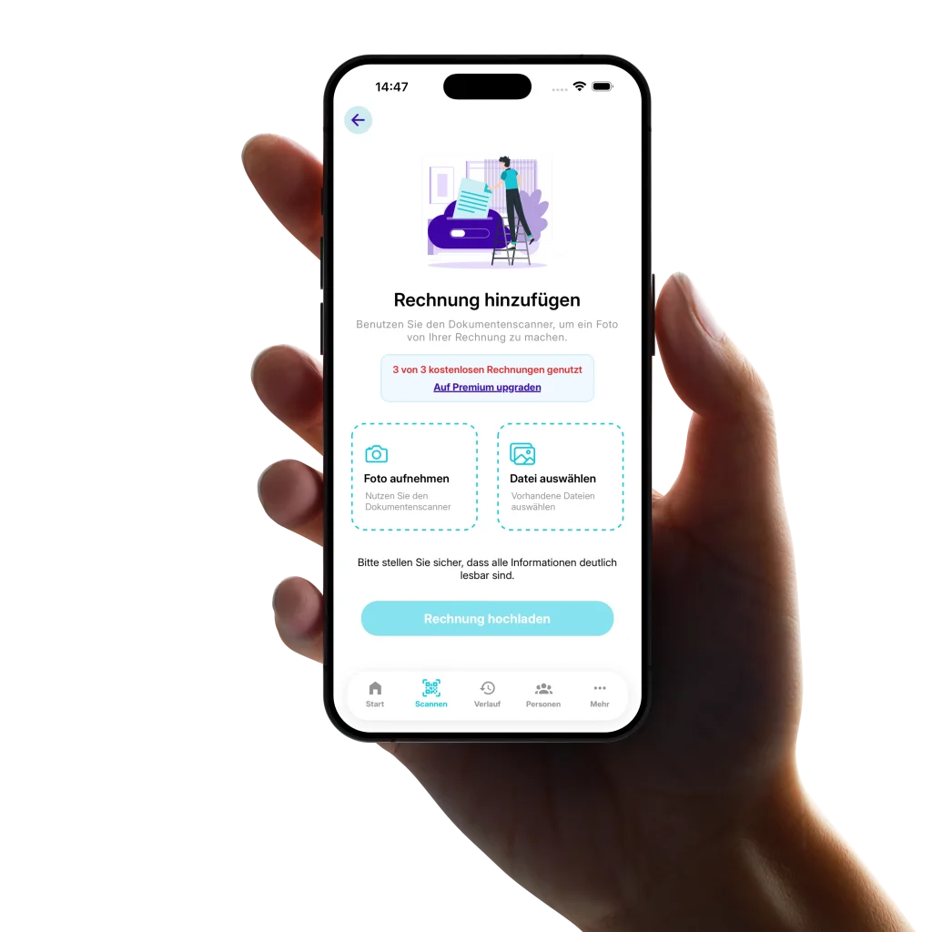Hand holding a smartphone showing a mobile app with document scanner and invoice upload functionality. As a premier development software company, Laramate provides end-to-end software development service packages engineered to solve critical business bottlenecks. Unlike standard offshore software development or offshore software development, our senior engineers deliver local, high-touch execution across Europe, meeting the exact standards expected from top custom software development London firms.