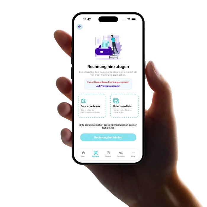 Hand holding a smartphone showing a mobile app with document scanner and invoice upload functionality
