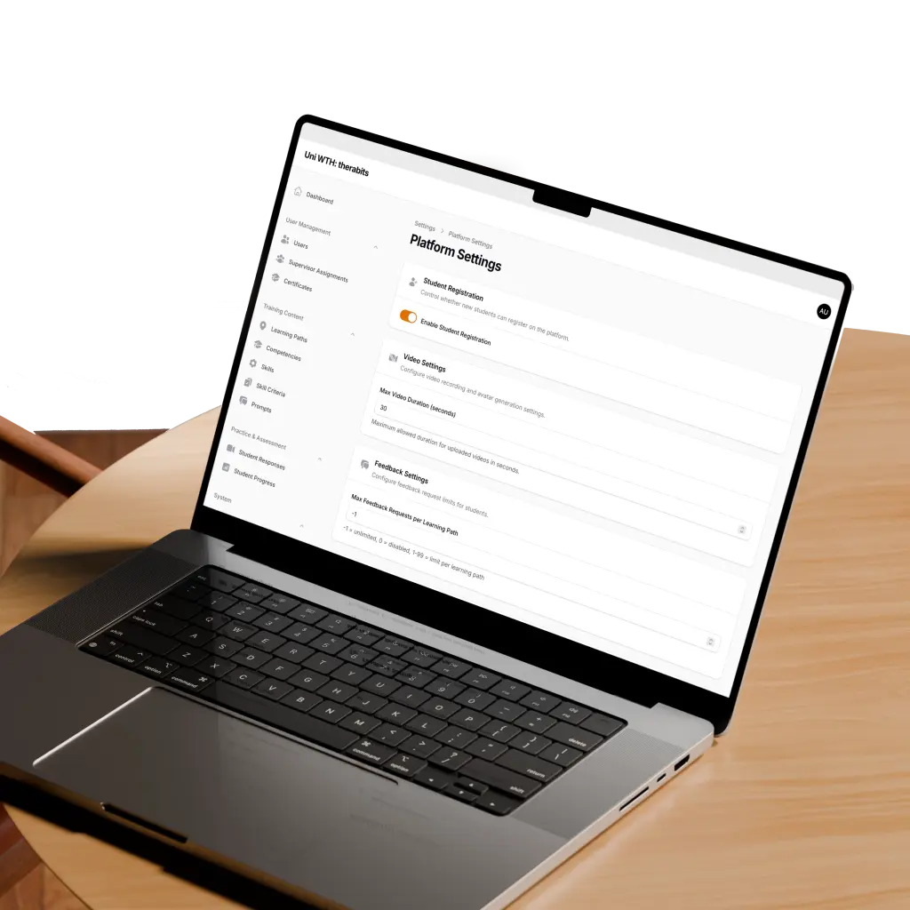 Laptop displaying a custom web application with platform settings and learning management dashboard. As a premier development software company, Laramate provides end-to-end software development service packages engineered to solve critical business bottlenecks. Unlike standard offshore software development or offshore software development, our senior engineers deliver local, high-touch execution across Europe, meeting the exact standards expected from top custom software development London firms.