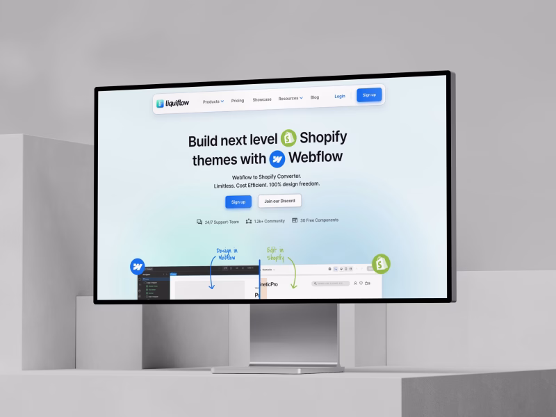 Monitor displaying the Liquiflow platform for converting Webflow themes to Shopify