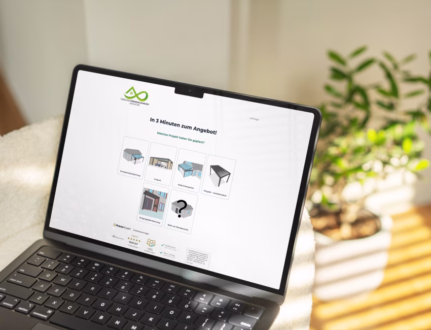 Laptop showing a product configurator lead page for patio roof selections