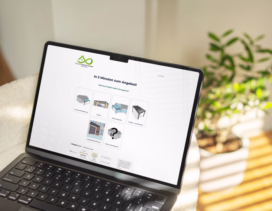 Laptop showing a product configurator lead page for patio roof selections