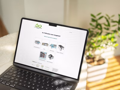 Laptop showing a product configurator lead page for patio roof selections