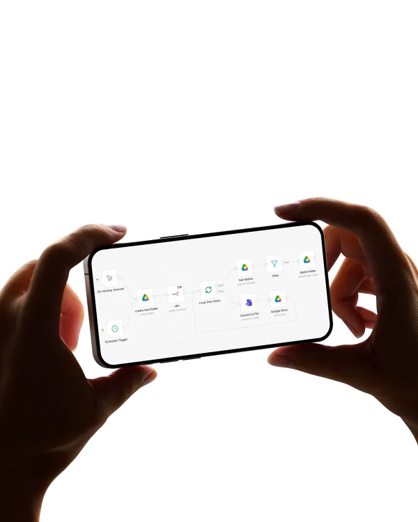 Smartphone held in two hands displaying an API automation workflow with connected services